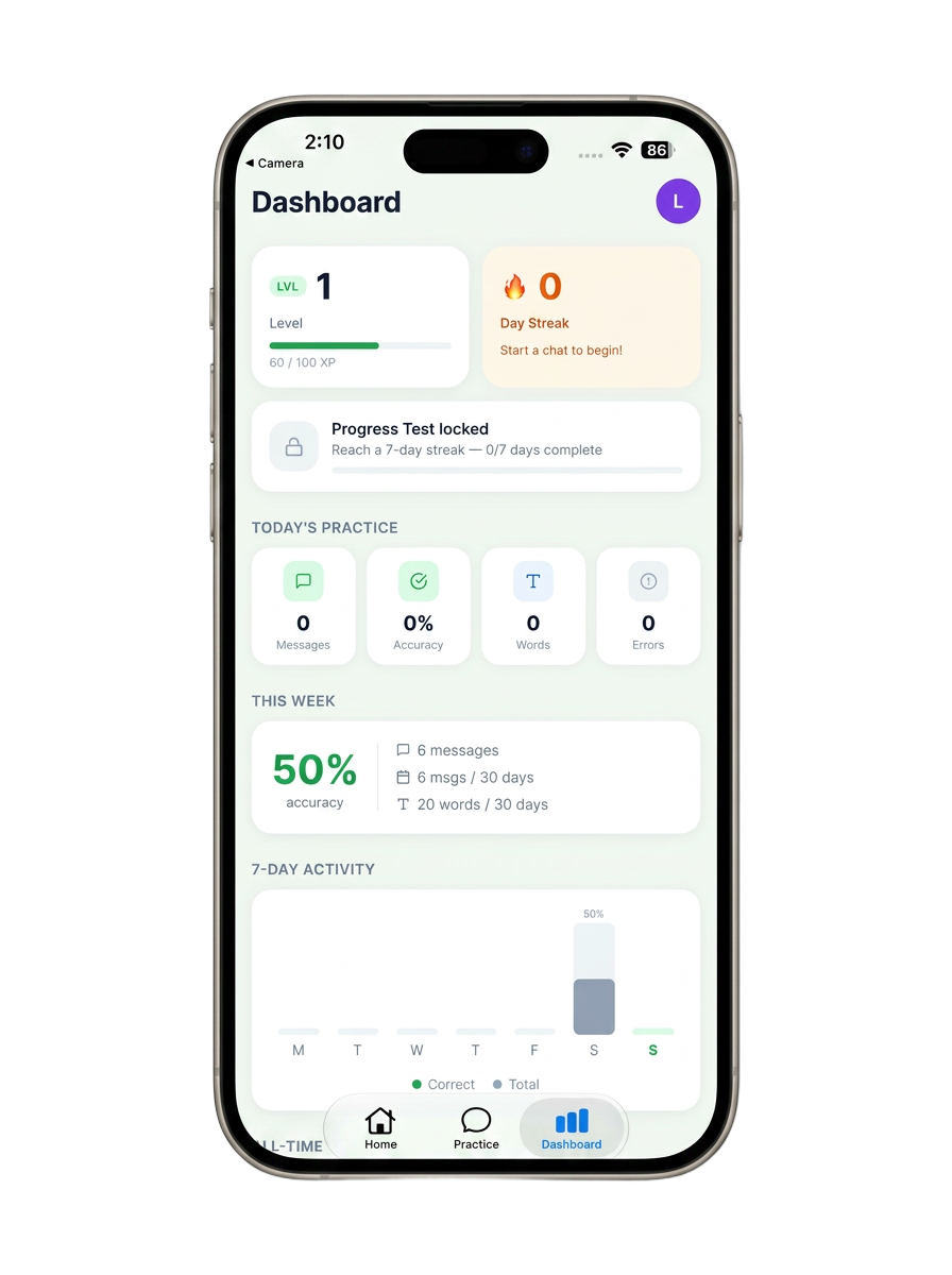 Fluengo AI mobile app — Full dashboard
